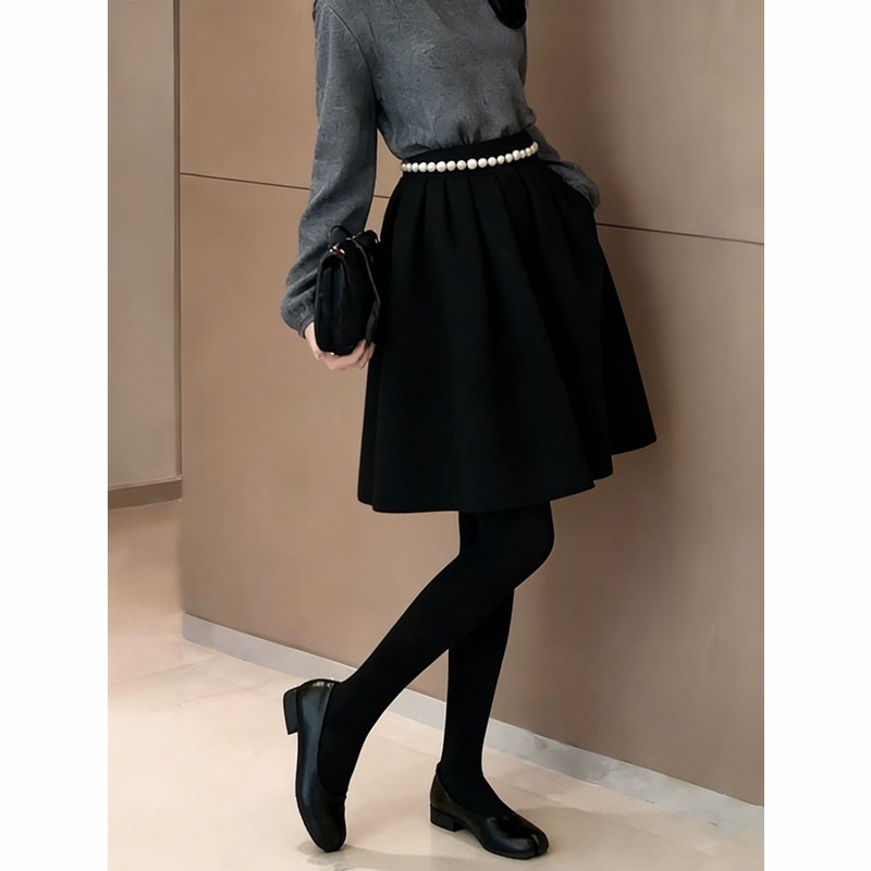 韩系黑色加厚毛呢A字半身裙女2025冬季新款高腰显瘦百搭花苞短裙,淘宝优惠券,粉丝福利购,淘宝优惠卷