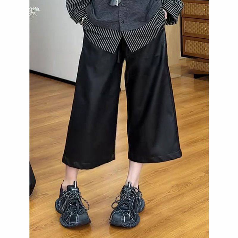 黑色收腰七分阔腿皮裤女2025年秋季新款宽松显瘦百搭时尚感休闲裤,淘宝优惠券,粉丝福利购,淘宝优惠卷