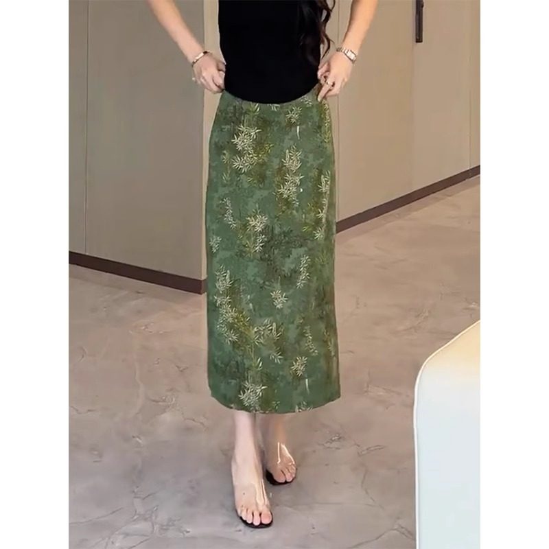 复古国风小众绿色印花裙2025年夏季新款高腰显瘦气质直筒半身裙女,淘宝优惠券,粉丝福利购,淘宝优惠卷