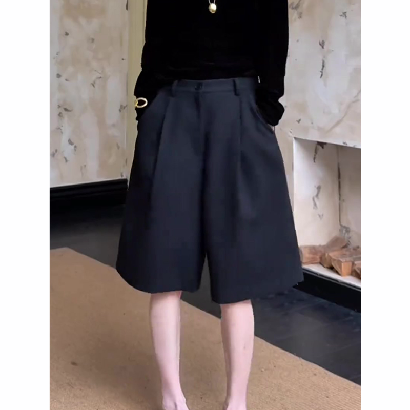 黑色压褶五分毛呢短裤女秋季流行新款宽松显瘦阔腿裤百搭直筒裤子,淘宝优惠券,粉丝福利购,淘宝优惠卷