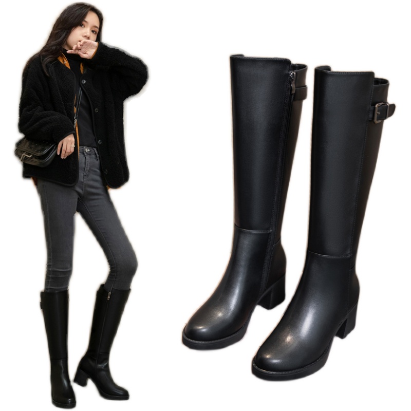 全牛皮真皮高筒女士马靴2025超火新款秋冬季粗跟高跟长筒长靴加绒 - 图2