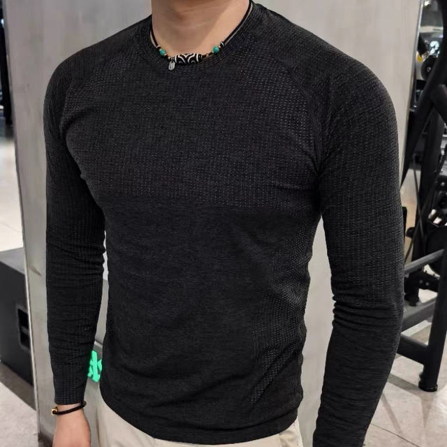 Seamless jacquard fitness long-sleeved T-shirt sports outdoor men's slim-fit quick-drying elastic training top round neck
