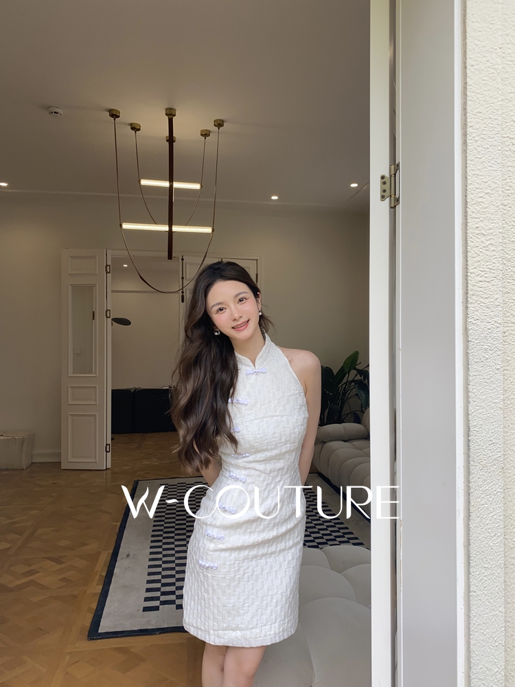 无暇睡莲Wcouture原创 新中式 透明真丝压花 旗袍连衣短裙 - 图1