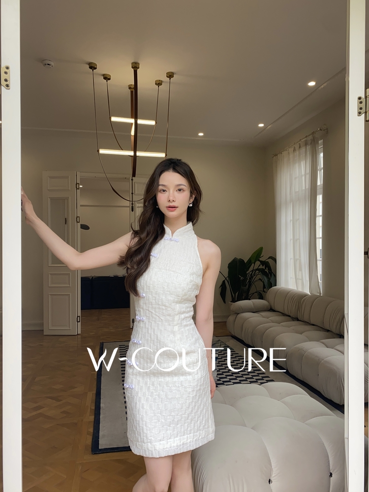 无暇睡莲Wcouture原创 新中式 透明真丝压花 旗袍连衣短裙 - 图2