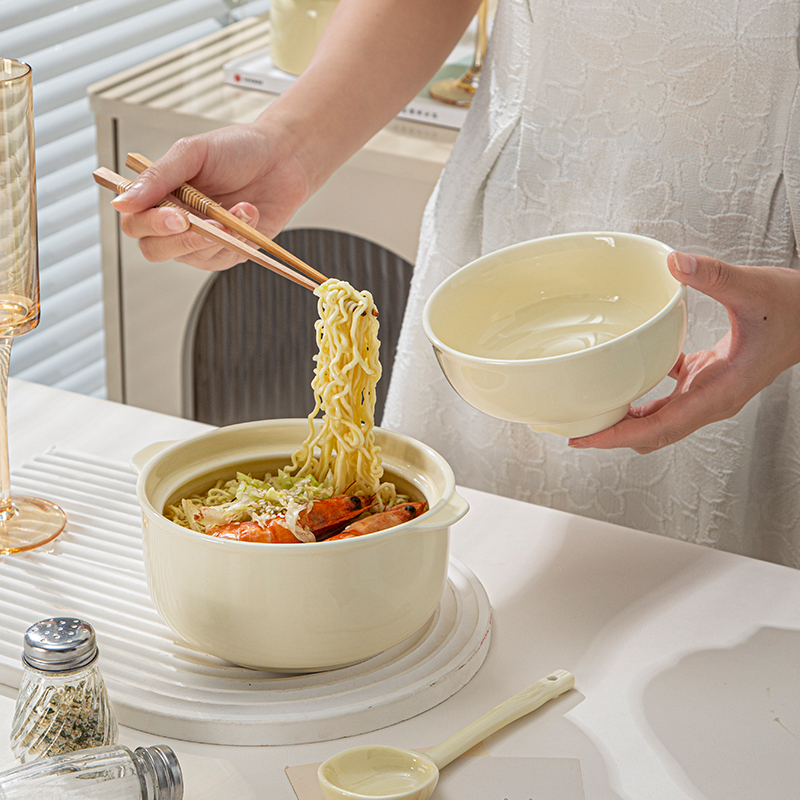 奶油风陶瓷泡面碗带盖学生宿舍用酸奶碗可爱餐具碗筷套装方便面碗
