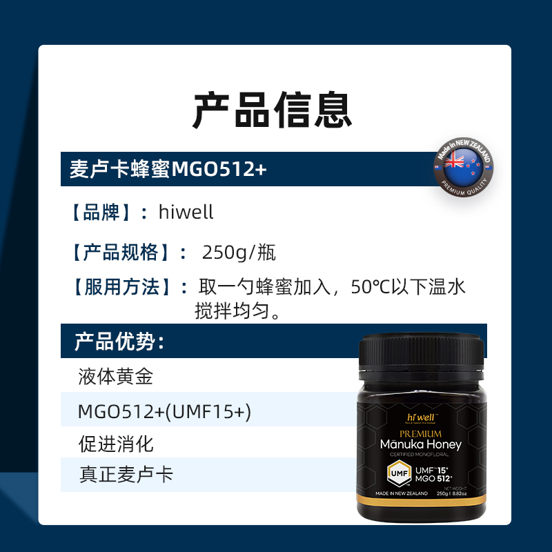 新西兰原装进口UMF15+级麦卢卡蜂蜜 MGO512+肠胃250g养胃高含量-图0