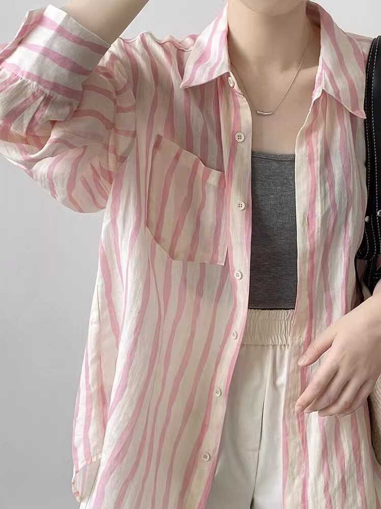 粉色条纹防晒衬衫女夏季薄款2024新款设计感小众宽松衬衣外套上衣 - 图2