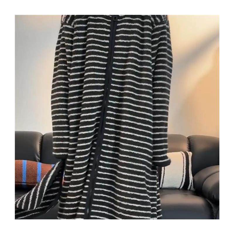 韩版黑白条纹珊瑚绒睡衣女款冬季大码加厚连帽睡袍家居服睡裙秋冬,淘宝优惠券,粉丝福利购,淘宝优惠卷