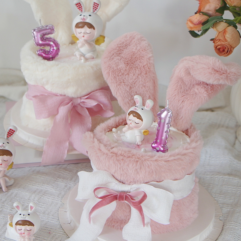兔宝宝生日蛋糕装饰兔耳朵围边小兔子摆件儿童一周岁百日满月插件 - 图3