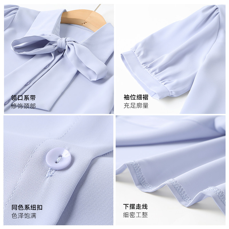 艾米恋蝴蝶结雪纺女士蓝色短袖衬衫 艾米恋衬衫