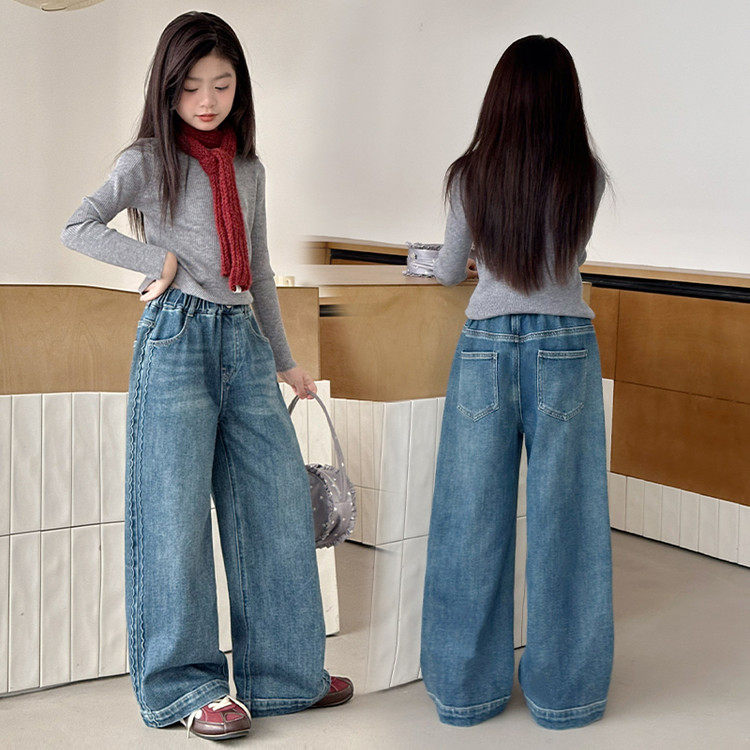 韩国女童牛仔裤2025秋冬装新款女大童初中生儿童一体绒加厚直筒裤,淘宝优惠券,粉丝福利购,淘宝优惠卷