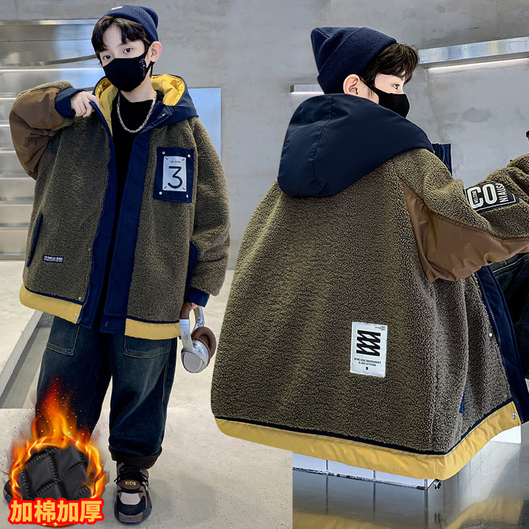 男童冬装撞色毛毛衣外套2025新款儿童连帽棉衣二夹棉秋冬上衣保暖 - 图2