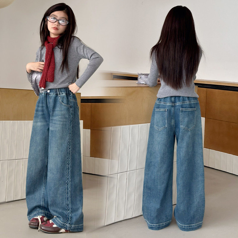 韩国女童牛仔裤2025秋冬装新款女大童初中生儿童一体绒加厚直筒裤,淘宝优惠券,粉丝福利购,淘宝优惠卷