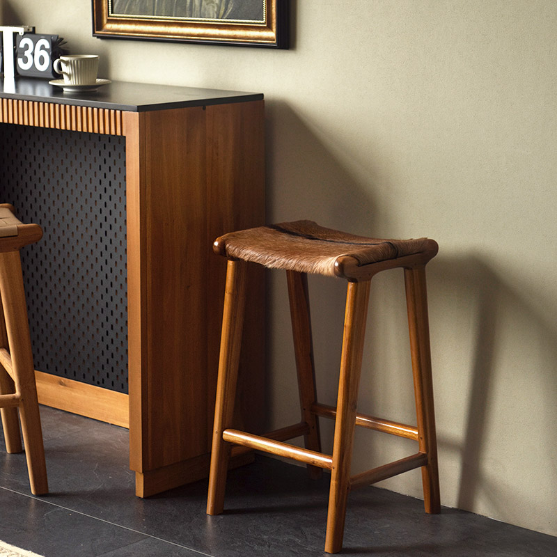 原装进口吧台凳民宿实木北欧羊毛皮酒吧高脚椅柚木家用岛台餐凳,淘宝优惠券,粉丝福利购,淘宝优惠卷