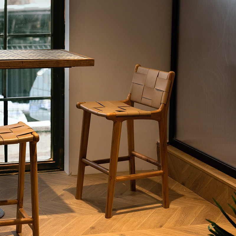 进口实木吧台椅奶油风牛皮凳家用高脚椅民宿酒店北欧商用岛台椅,淘宝优惠券,粉丝福利购,淘宝优惠卷