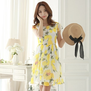 薇语馨夏季新款女装韩版清新柠檬印花修身雪纺连衣裙