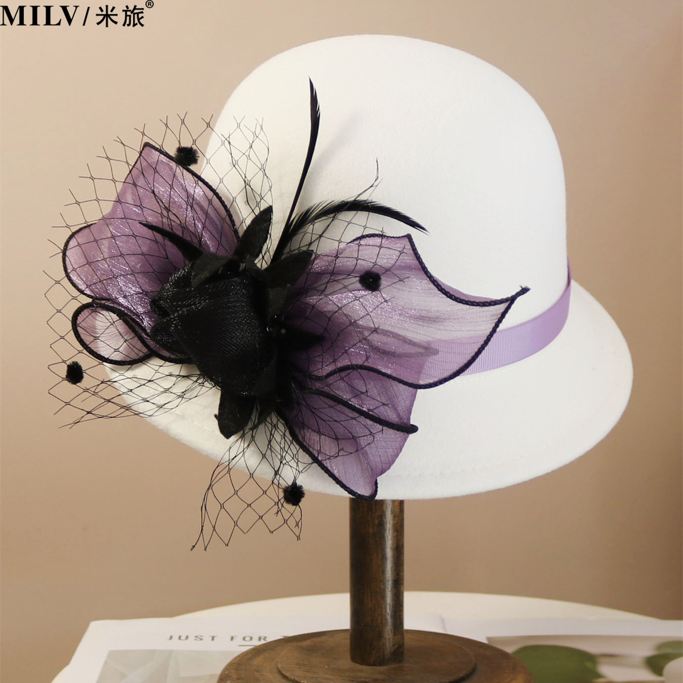 帽子女秋冬白色羊毛呢礼帽优雅法式复古花朵渔夫帽时尚百搭时装帽,淘宝优惠券,粉丝福利购,淘宝优惠卷