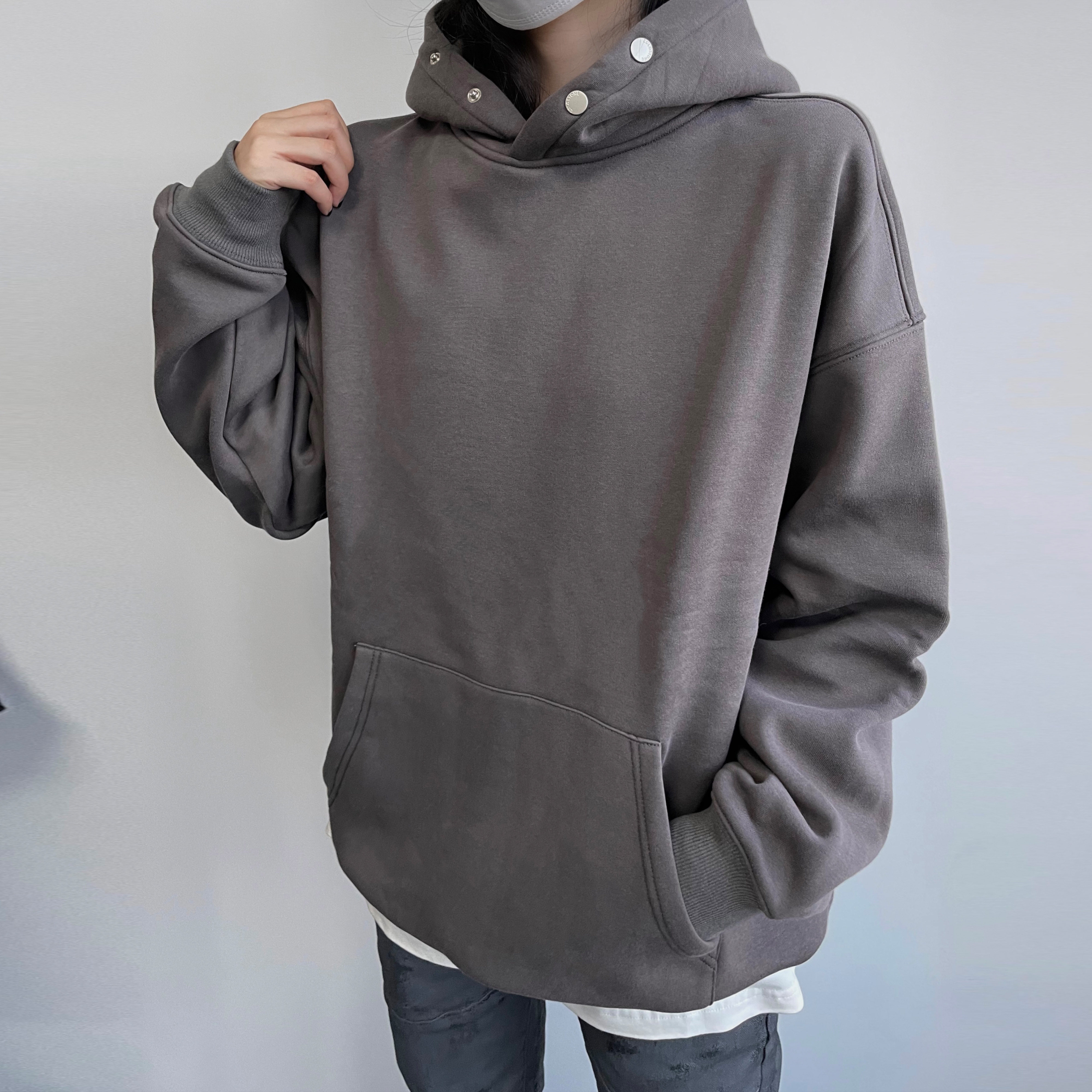 何洁同款 COLDSTONE秋冬基础排扣纯色加绒帽衫针织男女连帽卫衣