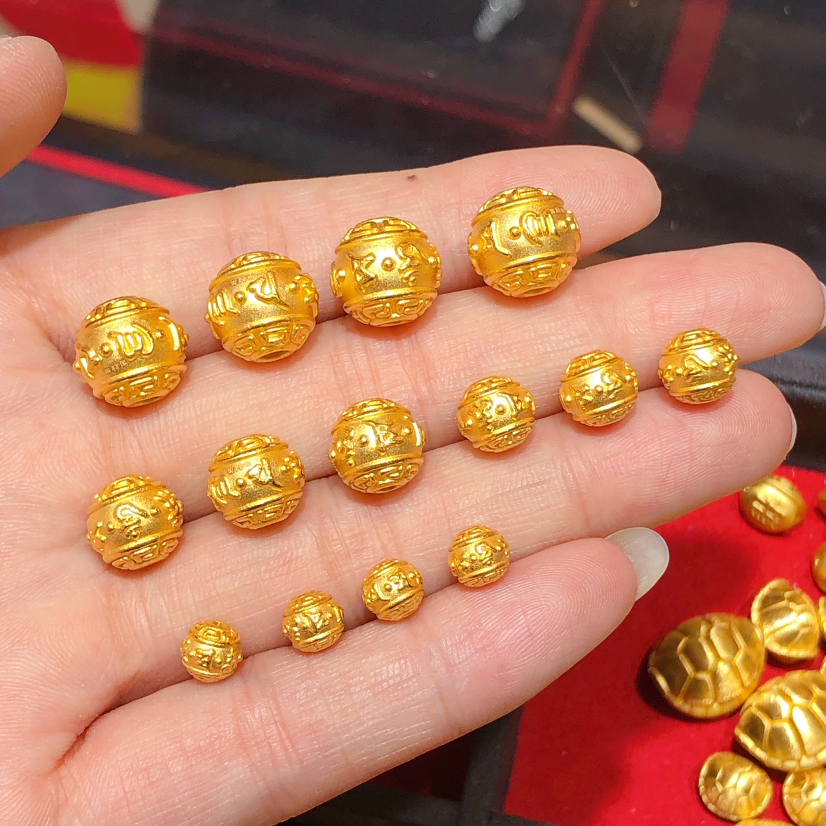 纯金3D硬金足金999黄金雕花转运珠子纯金祥云珠散珠六字真言珠-图2