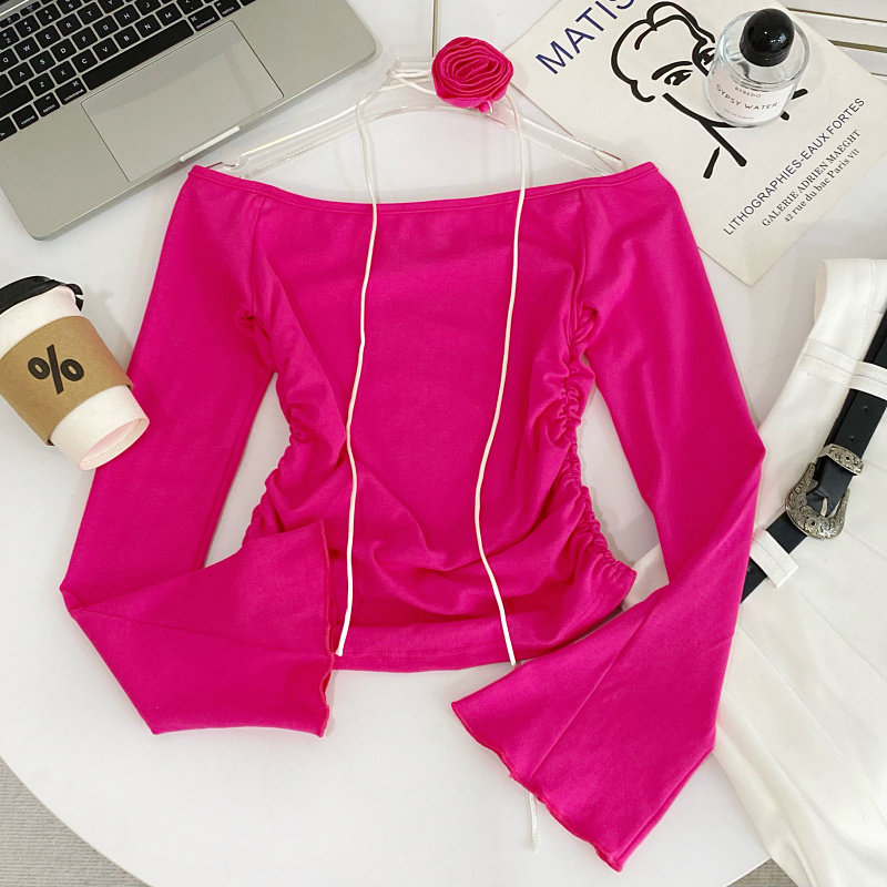 法式设计感百搭一字领花朵喇叭长袖修身辣妹褶皱打底衫T恤上衣女,淘宝优惠券,粉丝福利购,淘宝优惠卷