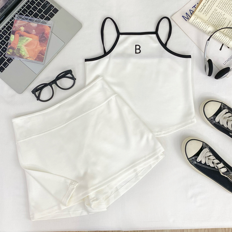 设计感刺绣字母短款吊带背心上衣+高腰显瘦不规则裤裙两件套装女 - 图2