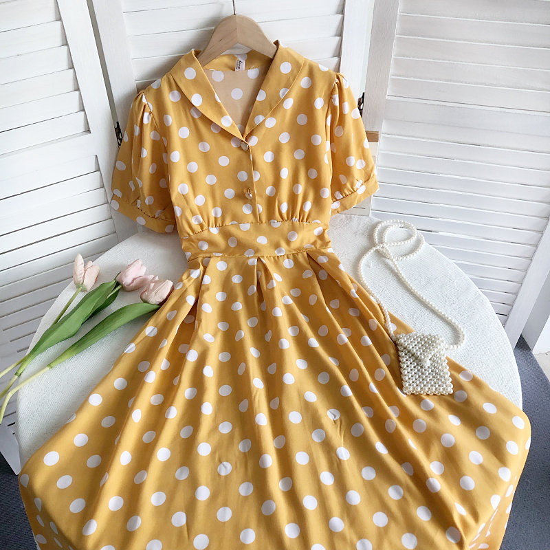 2022夏季新款法式小清新气质百搭V领波点印花中长款桔梗连衣裙女,淘宝优惠券,粉丝福利购,淘宝优惠卷