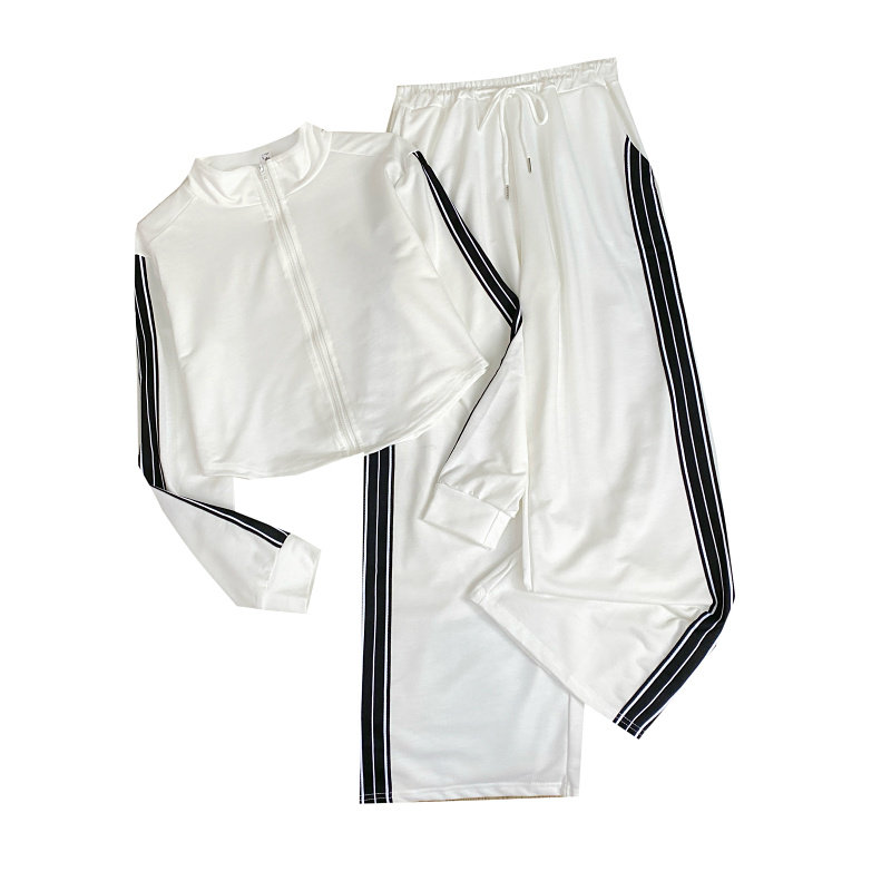 休闲运动风立领长袖卫衣外套+高腰显瘦撞色边阔腿长裤两件套装女,淘宝优惠券,粉丝福利购,淘宝优惠卷