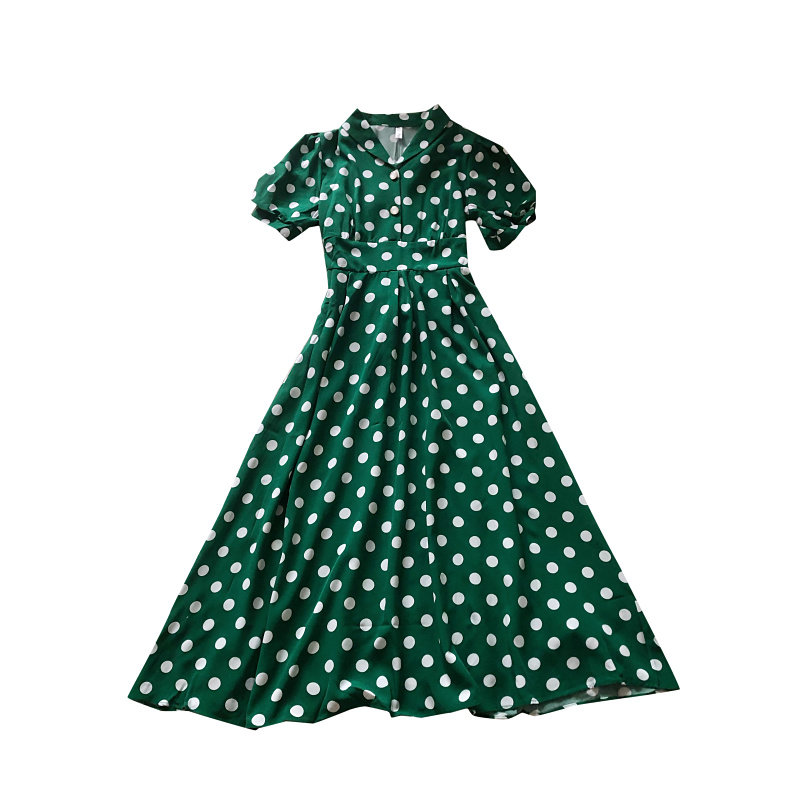 2022夏季新款法式小清新气质百搭V领波点印花中长款桔梗连衣裙女,淘宝优惠券,粉丝福利购,淘宝优惠卷