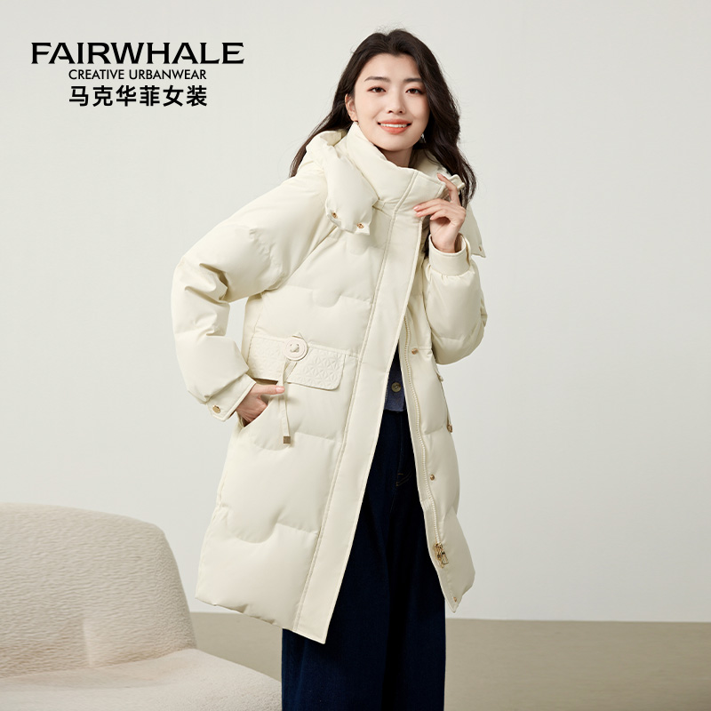 马克华菲中长款羽绒服女简约可拆卸帽2025冬季新款百搭保暖90鸭绒