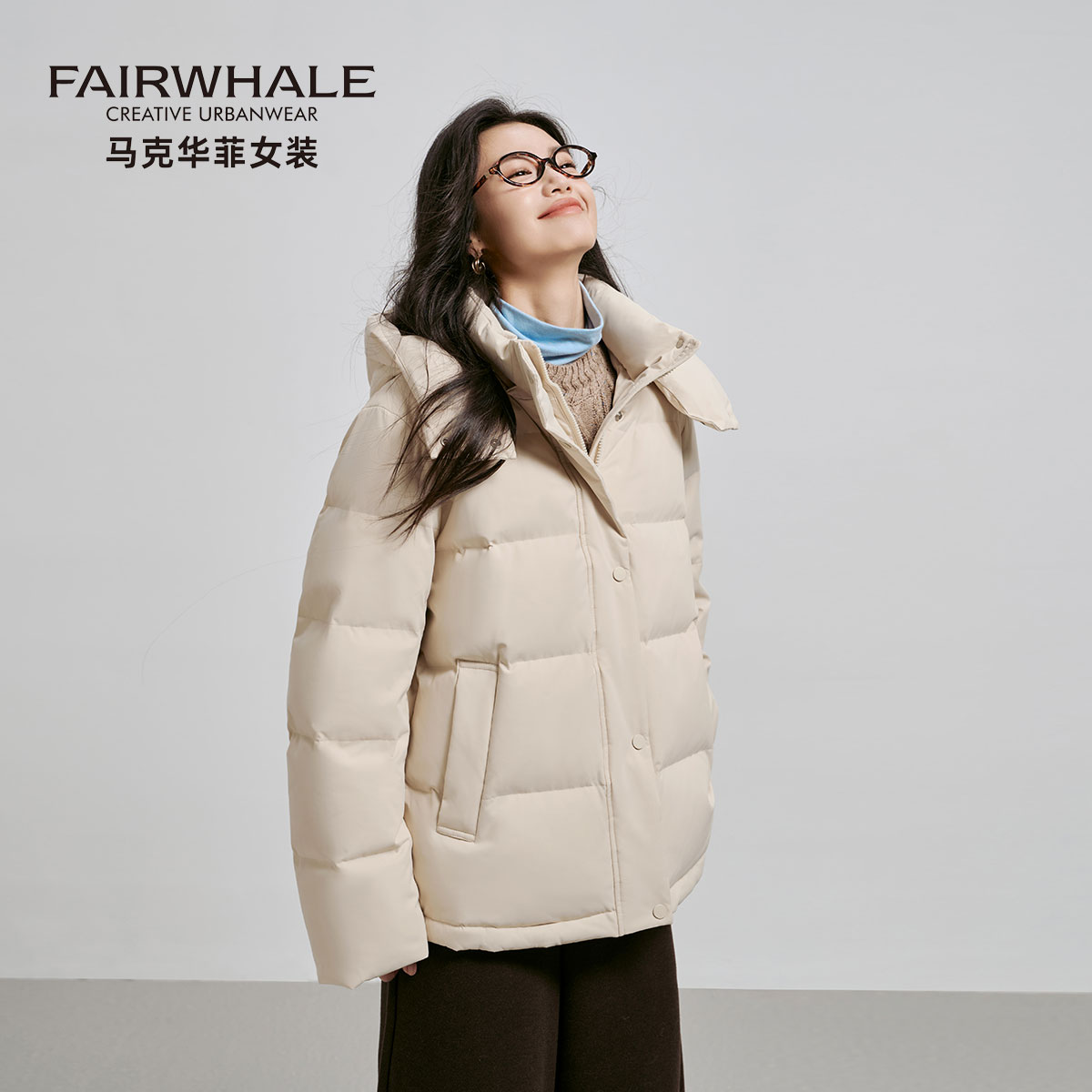 马克华菲立领连帽羽绒服女短款2025新款冬季防风保暖宽松加厚外套 - 图1