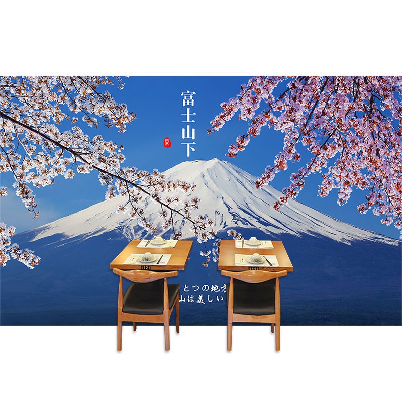 日式和风浪漫樱花墙纸寿司店壁纸日本风景背景布墙布富士山下壁画-图3