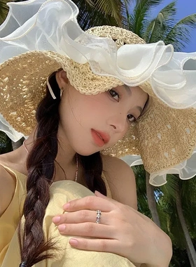 蕾丝草编太阳帽子女大帽檐夏季透气草帽海边遮全脸遮阳沙滩帽子潮