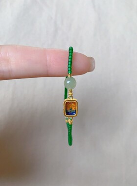 扎基拉姆干青翡翠色算盘珠手链新中式烧蓝彩仿和田玉圆珠手串饰品
