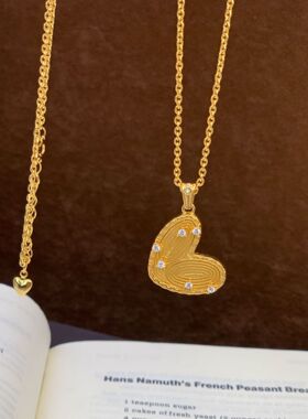 真金24K电镀强保色甜美蝴蝶酥指纹爱心质感镶钻项链心形挂坠项链