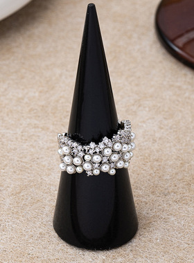 法式轻奢优雅珍珠锆石满天星戒指铜镀真金可调节开口高级感戒指女