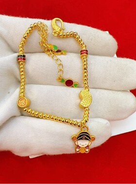 越南沙金黄金色烧蓝小财神手链新中式多宝串珠镀金珐琅彩手饰饰品