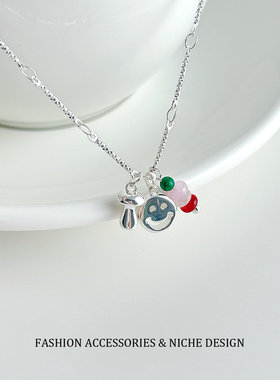 韩系笑脸蘑菇撞色串珠吊坠项链女ins小众天然石高级感锁骨链颈链