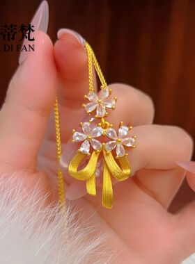 沙金点钻拉丝蝴蝶结花朵项链法式轻奢高级感甜美丝带蝴蝶结锁骨链