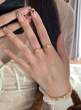 vintage中古金色拉丝星星月亮戒指人脸表情独特设计轻奢复古指环