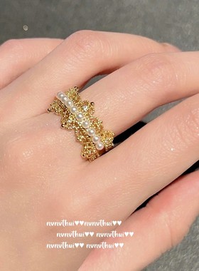 Nvnvthui蕾丝蜂巢花瓣珍珠手镯 镀18K金 皇冠珍珠锆石手镯 叠戴