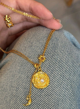 小红书爆款中古不规则圆环吊牌珍珠吊坠半月花朵跑环项链一件