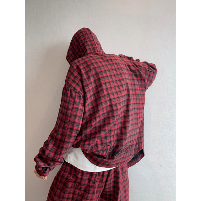 Dannyandzee spring loose retro versatile red and black plaid handsome hooded long-sleeved shirt jacket for men INS