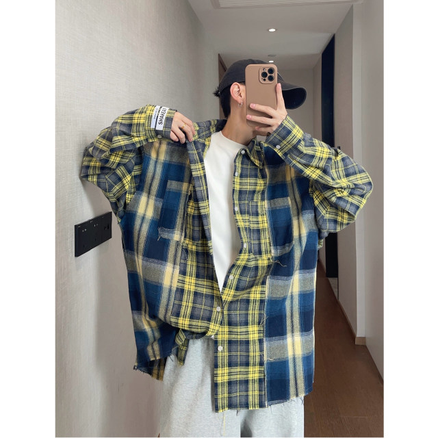 Dannyandzee spring retro handsome loose yellow and blue plaid splicing raw edge loose long-sleeved shirt for men INS