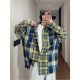 Dannyandzee spring retro handsome loose yellow and blue plaid splicing raw edge loose long-sleeved shirt for men INS