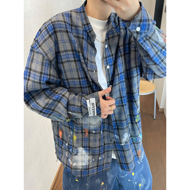 Dannyandzee spring retro gray blue plaid stand collar raw edge distressed hand-painted long-sleeved shirt for men