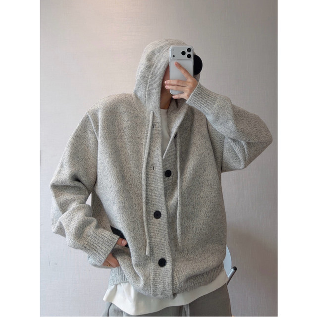 Dannyandzee winter thickened solid color hooded loose versatile layered button thick sweater jacket for men