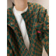 Dannyandzee spring retro loose green checkerboard contrast plaid collarless fur edge jacket for men