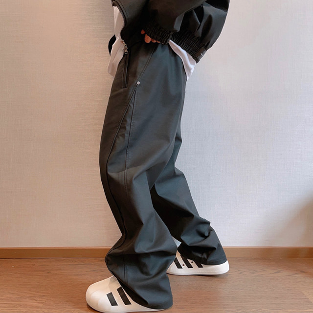 Matt black PU leather pants elastic waist men's straight pants