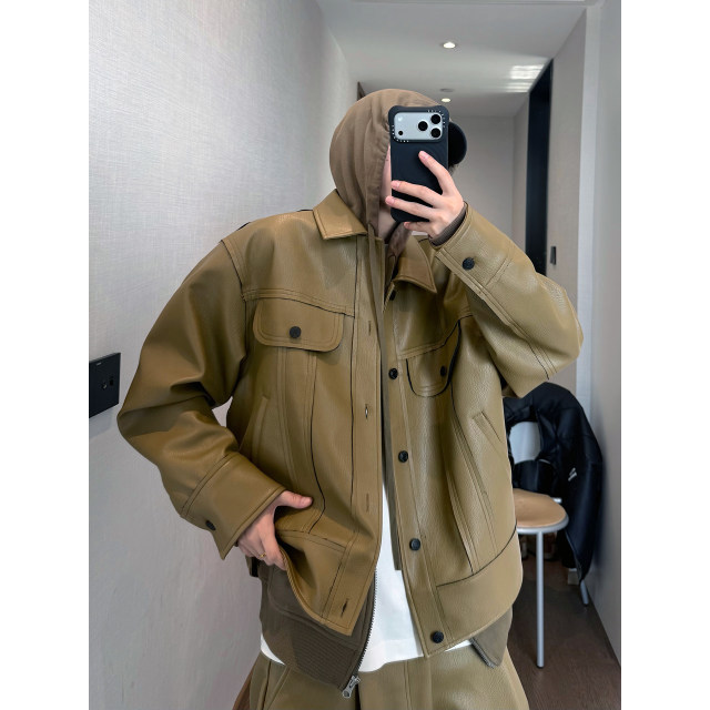 Dannyandzee spring retro handsome top-stitched raw edge windproof warm workwear PU leather jacket for men INS