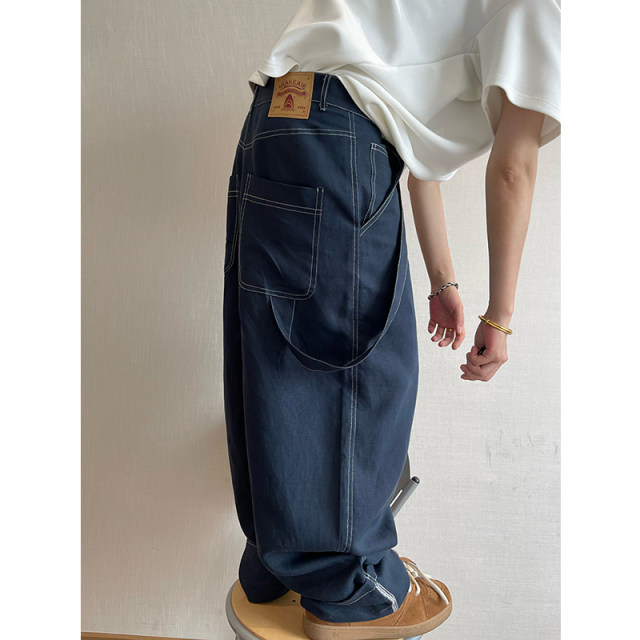 Dannyandzee summer versatile navy blue linen topstitch streamers curled straight pants trousers overalls for men